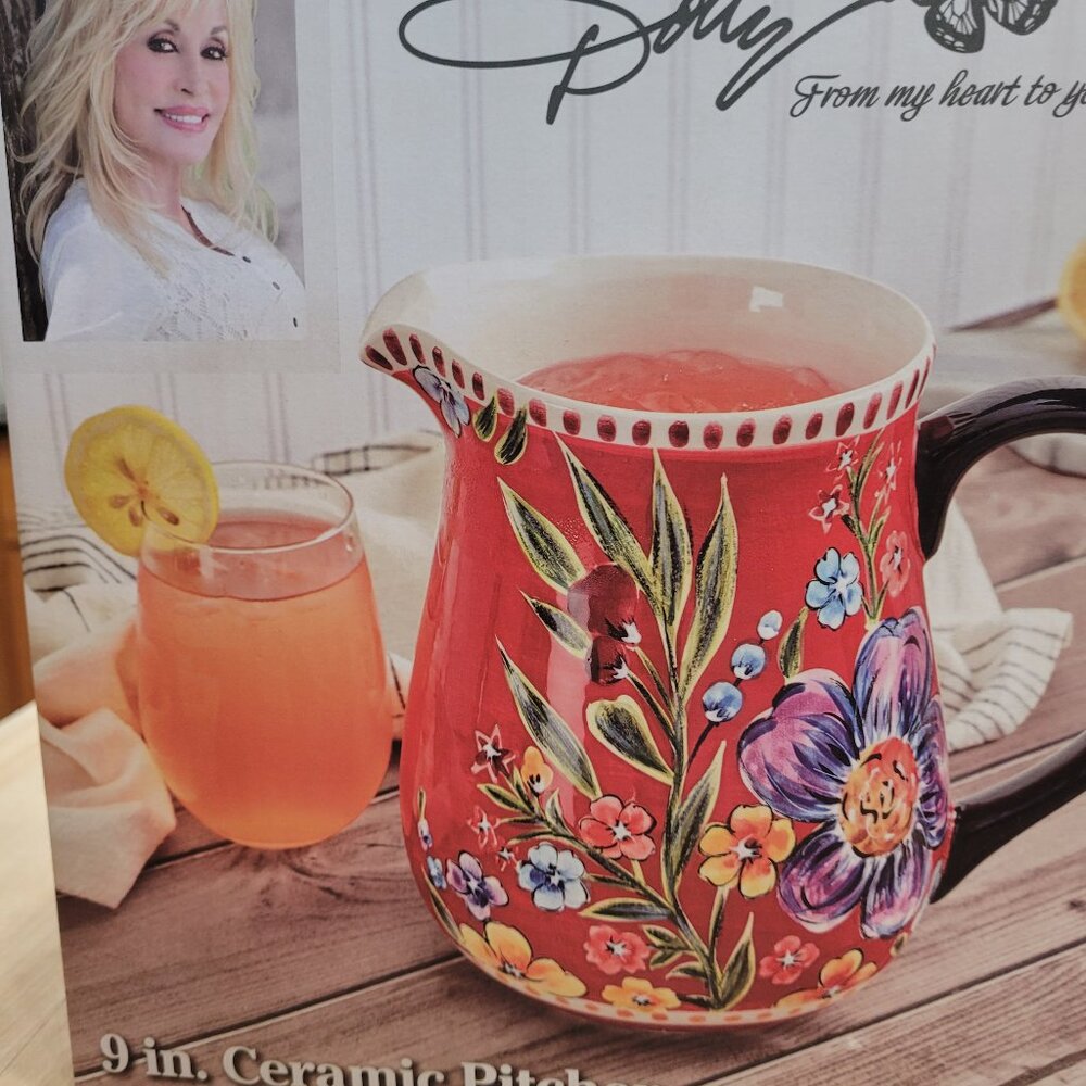 Dolly Parton 9" 85oz Red Floral Astoria Ceramic Pitcher NIB